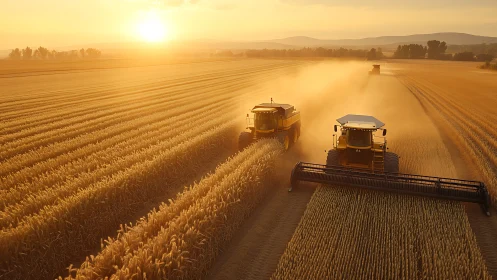 Combine harvesters in parallel formation process wheat under sunset
