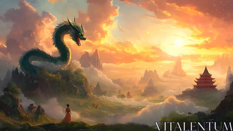 Sunlit valley with a gentle sky dragon and lone wanderer.