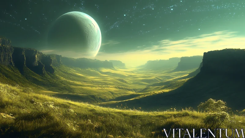 Rendered alien valley landscape extends under a large crescent