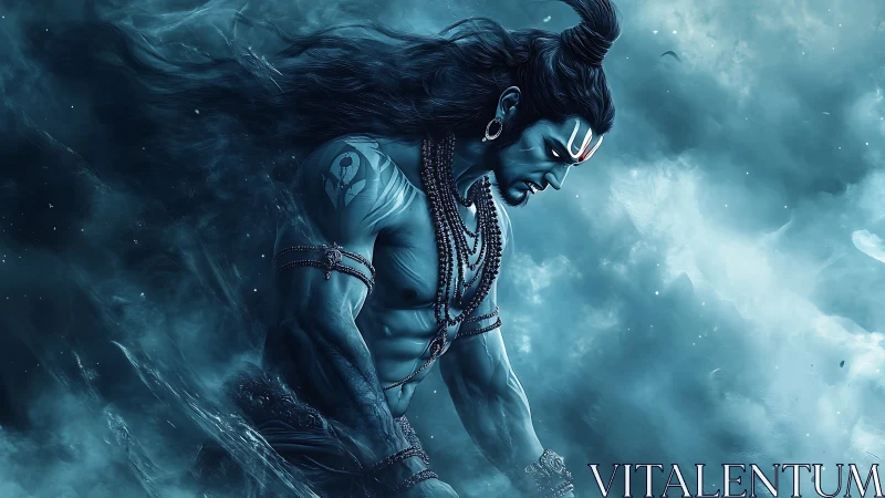 Powerful blue warrior emerges in swirling celestial mist