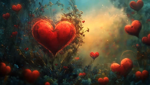 Luminous Heart Garden Fantasy Landscape Glowing Red