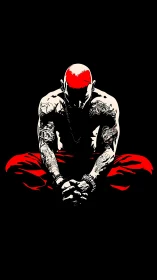 Tattooed figure in red-black negative space meditation pose.