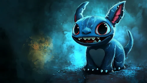 Blue cartoon creature with large eyes on dark textured ground.