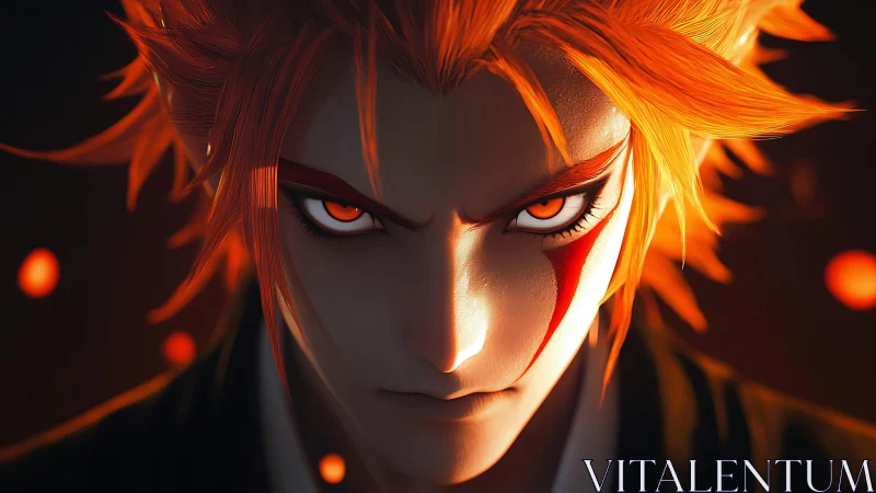 Volumetric-lit anime warrior with ember-ignited gaze poised.