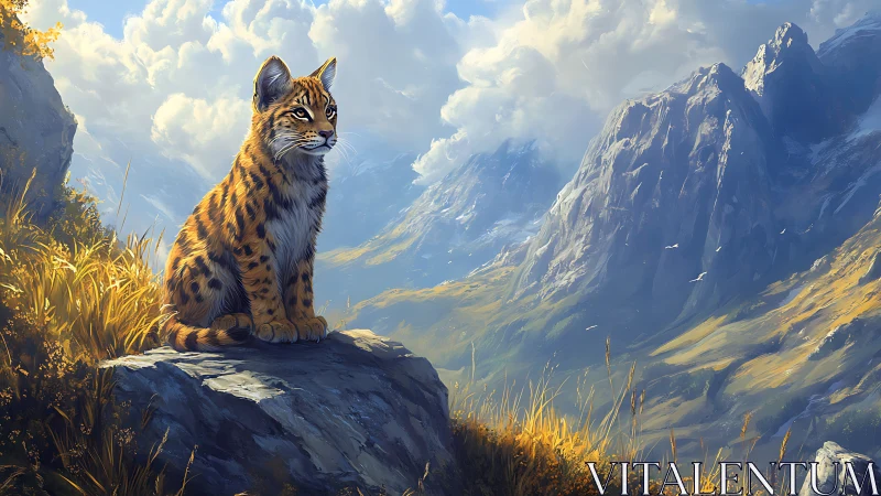 Alpine Lynx Portrait Overlooking Mountain Valley Landscape