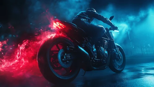 Motorcycle rider accelerates through neon fog at night