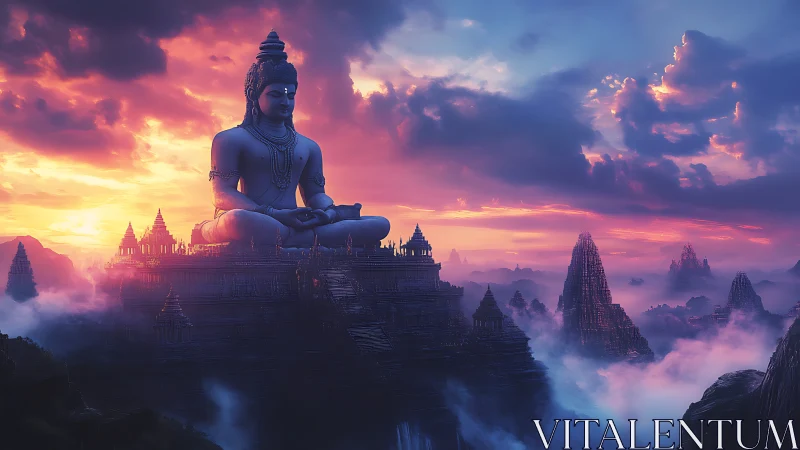 Colossal meditative statue crowns misty temple skyline.