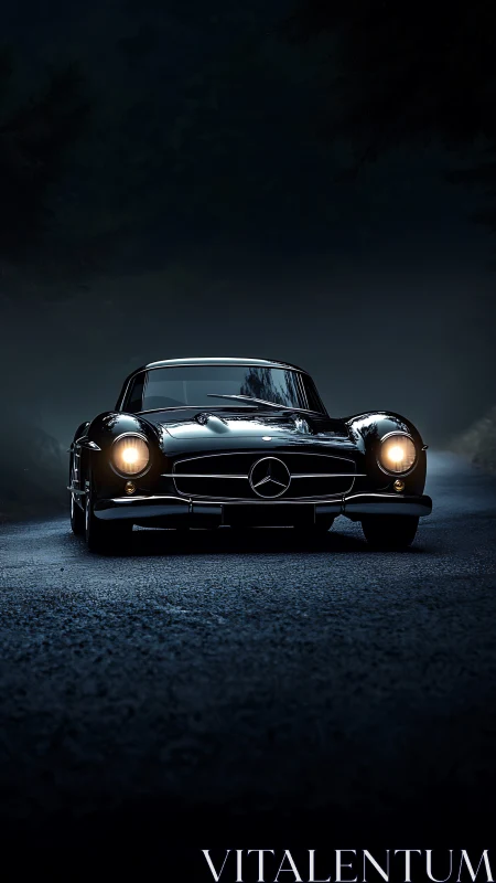 Low-key night render of classic Mercedes coupe on wet road