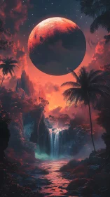 Crimson eclipse above bioluminescent jungle falls at dusk.