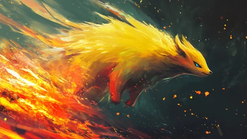 Fiery yellow fox-like creature in dynamic side profile.