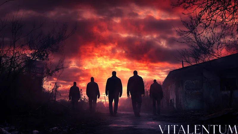 Friends walking into a fiery sunset sky together.