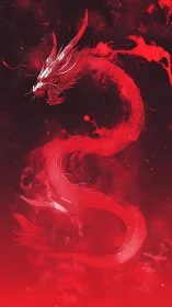 Digital painting of serpentine crimson dragon on void field.