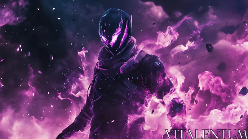 Shadow warrior emerges from swirling violet energy storm