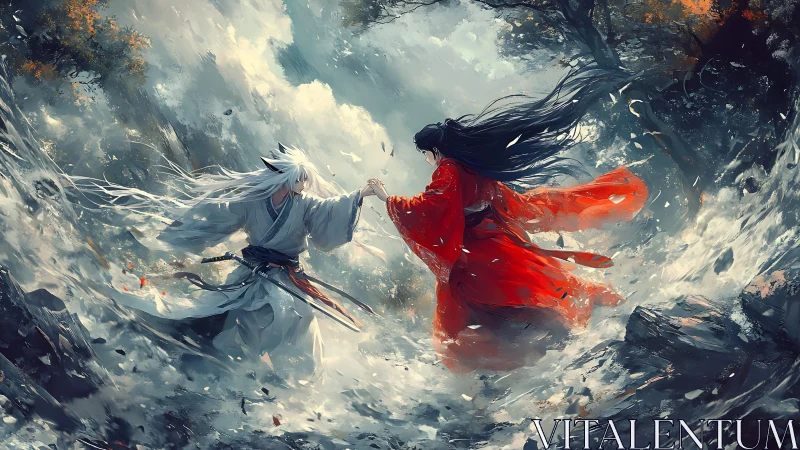Dynamic duel between robed warriors in storm-lashed mountain gorge