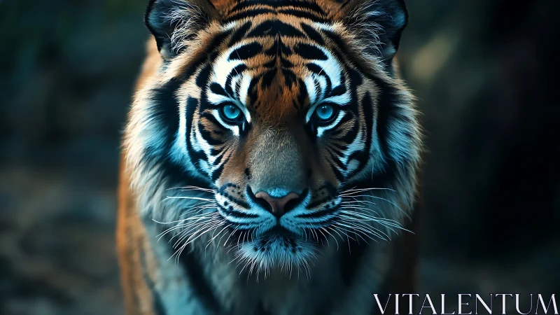 Front-facing tiger portrait with blue-toned ambient lighting.