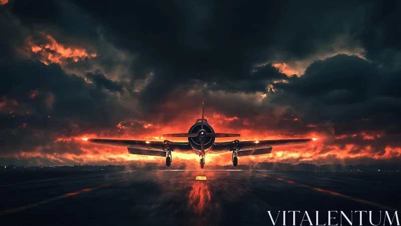 Propeller aircraft on runway under dark clouded sky.