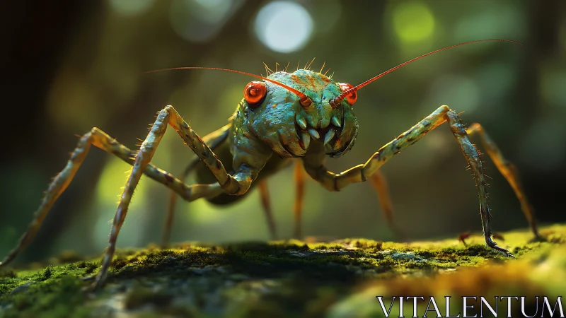 Macro render depicts stylized insect on mossy forest surface