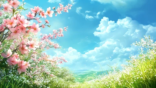 Blossoming tree branches over grassy hillside under sky.