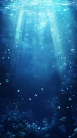 Submerged sunlight beams over tranquil deep-sea reef environment.