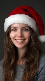 Smiling young woman in Santa hat under soft studio lighting
