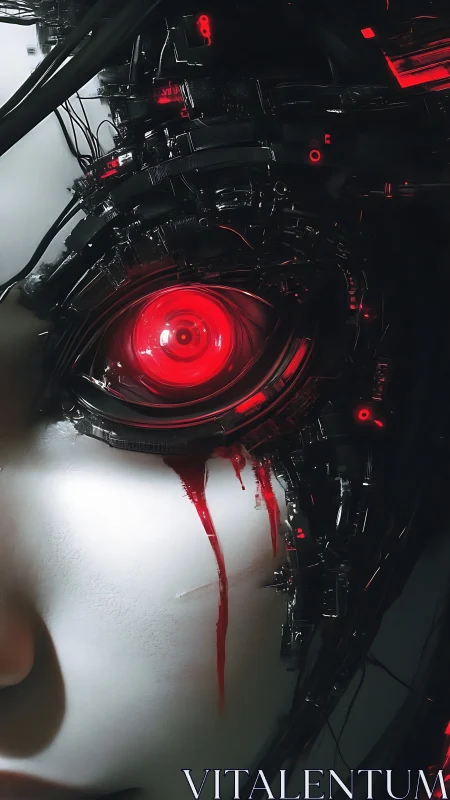 Cyborg eye glows red amid bleeding synthetic flesh