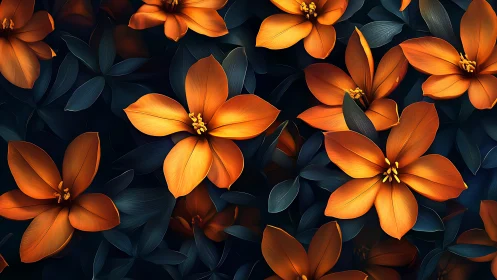Orange Flowers Against Dark Foliage. Luminous Botanical Study.