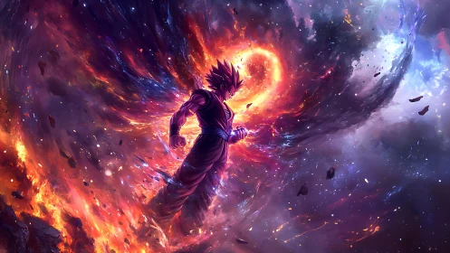 Celestial warrior ascends through cosmic fire vortex