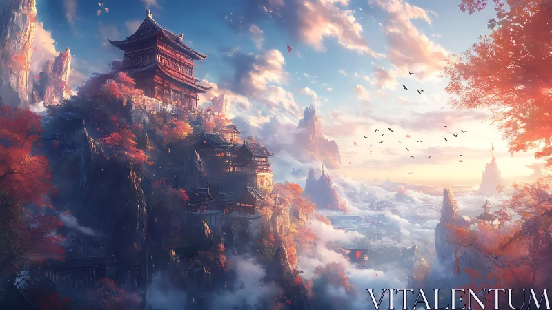 Mountain-temple city crowns misty valley in sunrise glow.