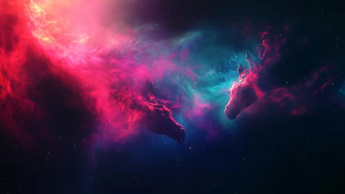 Nebular horse silhouettes form within contrasting cosmic clouds