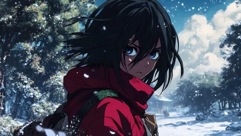 Blue-eyed wanderer stares back amid quiet winter snowfall