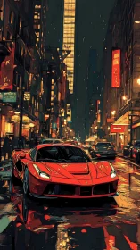 Digital painting of red supercar on neon-soaked city street at night.