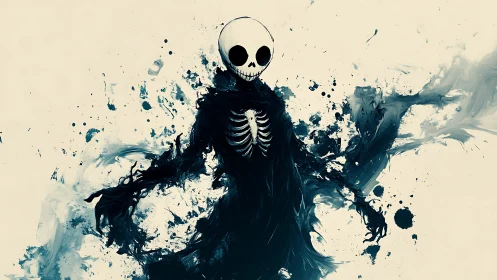 Ink-drenched skeletal wraith dancing in abstract midnight storm.