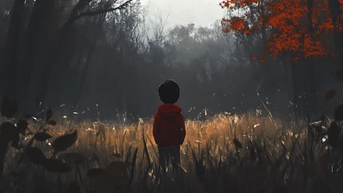 Solitary child in misty autumn forest clearing at dusk.