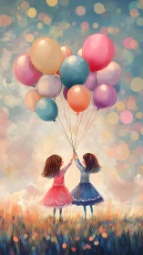 Two Girls Holding Vibrant Balloons in Dreamy Landscape