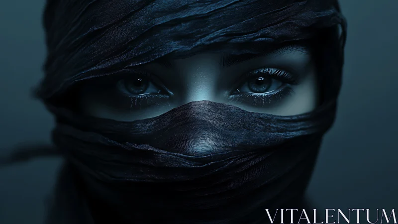 Covered face presents symmetrical gaze through dark fabric