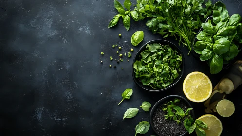 Herb garden constellation on moody charcoal kitchen canvas.