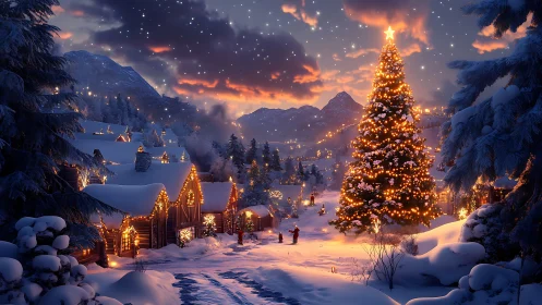 Snowy village glows under towering illuminated Christmas tree
