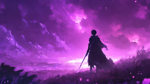 Silhouetted swordsman stands before glowing violet horizon