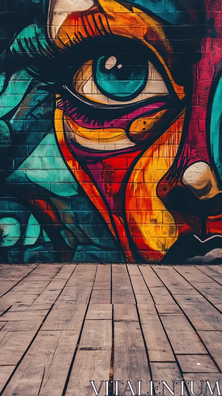 Vivid street mural eye dominates an urban wooden plaza