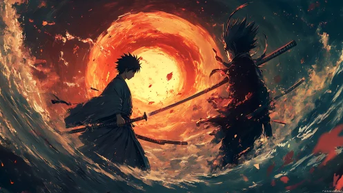 Samurai duel beneath blazing vortex sun in storm.