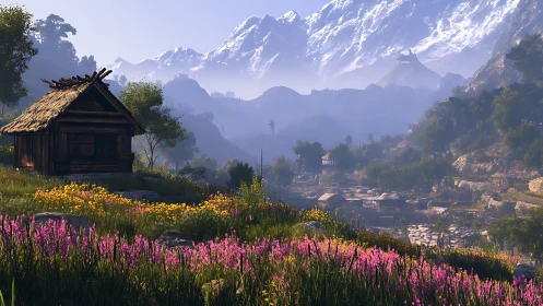 Rustic mountain cabin above valley village and wildflower meadow