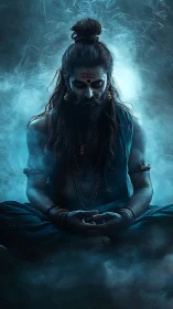 Serene mystic in deep meditation within swirling blue mist.