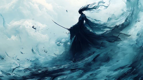 Ethereal Swordbearer in Storm-Like Abstract Digital Painting.
