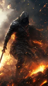 Hooded dark warrior strides through blazing battlefield.