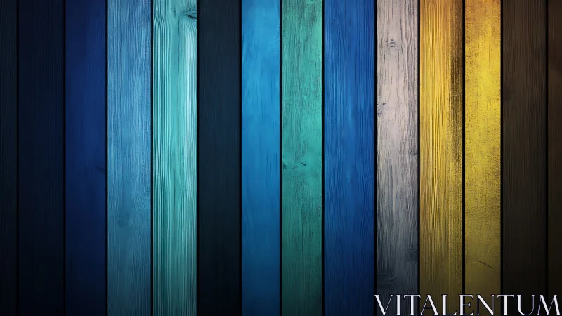 Vertical timber planks in gradient blues to golden tones.