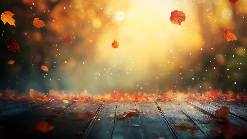 Backlit autumn leaves over weathered wooden deck at dusk