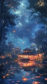 Starlit lakeside pavilion glows softly in a tranquil forest night