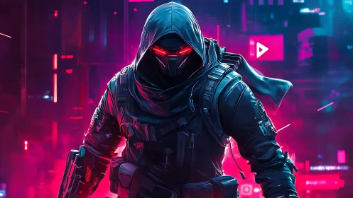Cyberpunk hooded soldier with glowing red visor in neon city