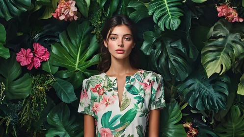 Photorealistic portrait in dense tropical foliage matrix.