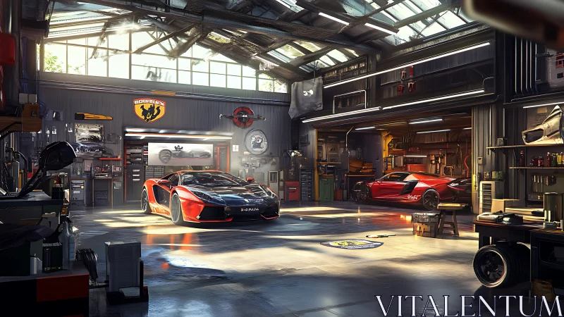 Hyperreal supercars illuminated in precision-tuned workshop